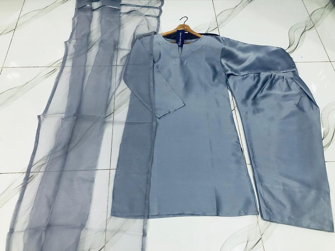 Grey 3Pcs Women's Stitched Plain Suit with Organza Dupatta