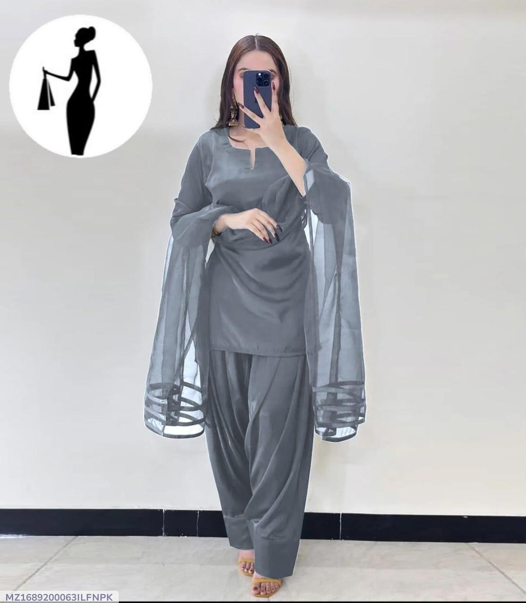 Grey 3Pcs Women's Stitched Plain Suit with Organza Dupatta