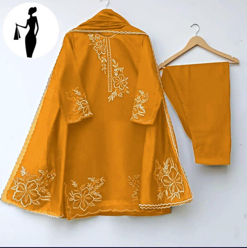 Mustard Embroidered 3-Piece Women Suit