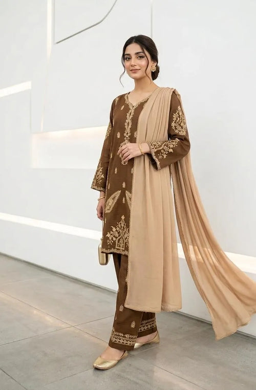 Brown Embroidered 3-Piece Cotton Lawn Suit for Women
