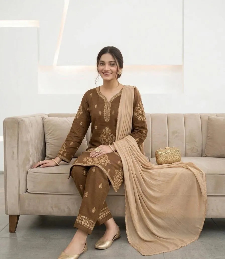 Brown Embroidered 3-Piece Cotton Lawn Suit for Women