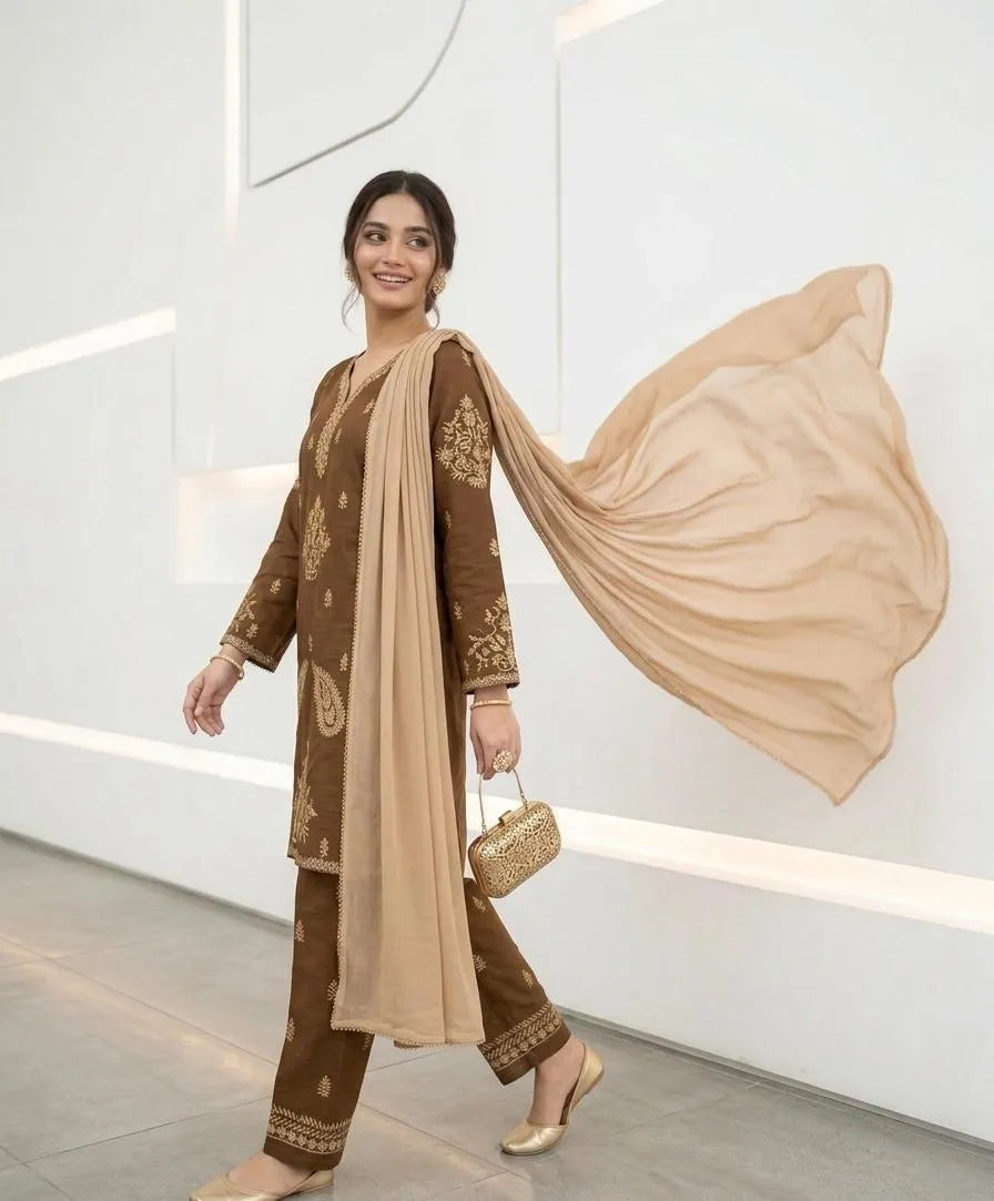 Brown Embroidered 3-Piece Cotton Lawn Suit for Women