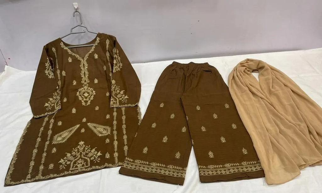 Brown Embroidered 3-Piece Cotton Lawn Suit for Women