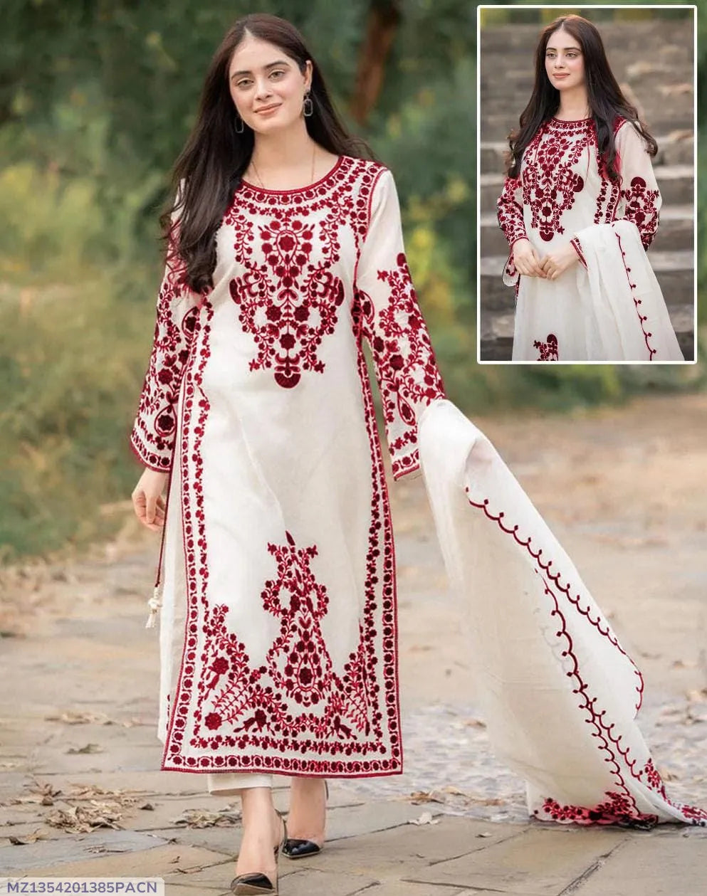 3 Pcs Women's Stitched Organza Embroidered Suit