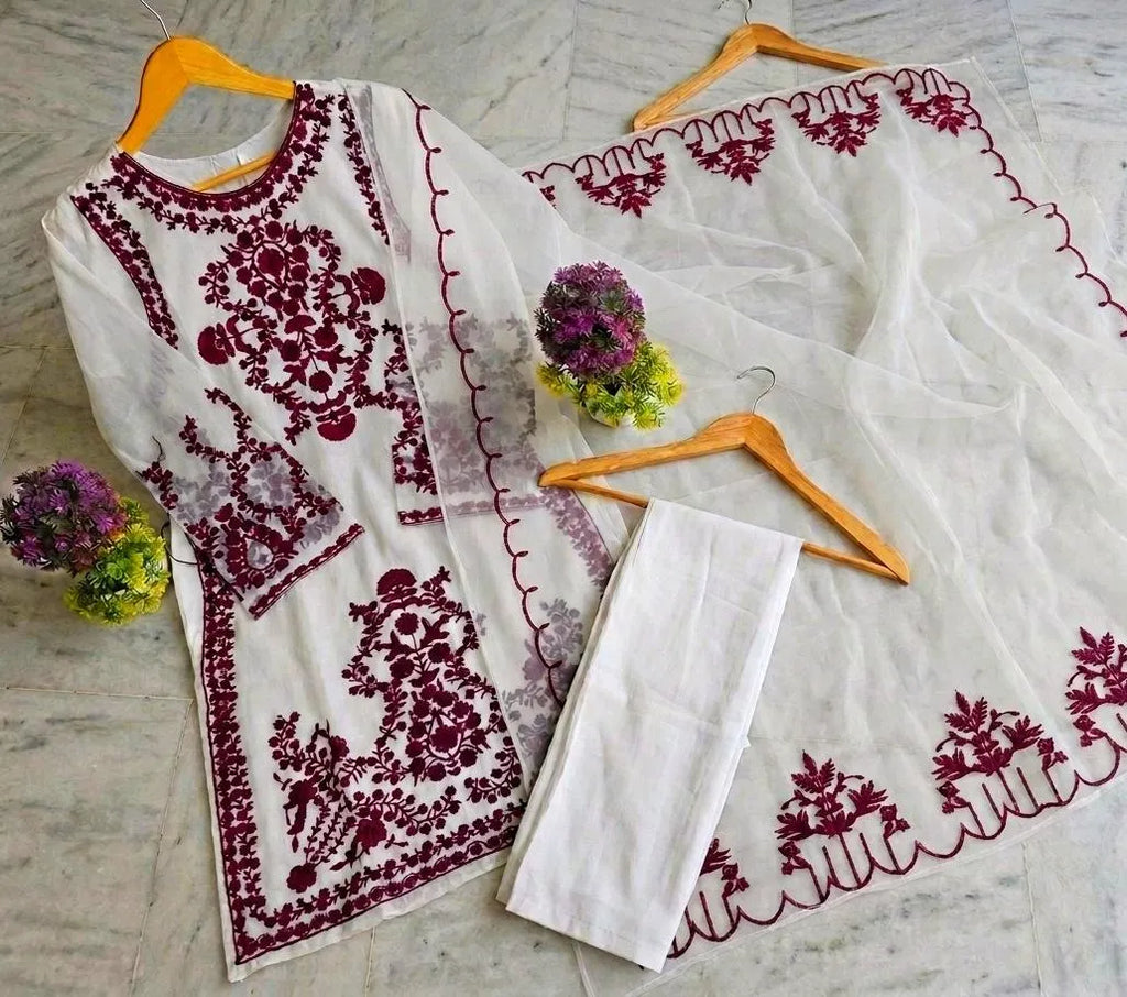 3 Pcs Women's Stitched Organza Embroidered Suit