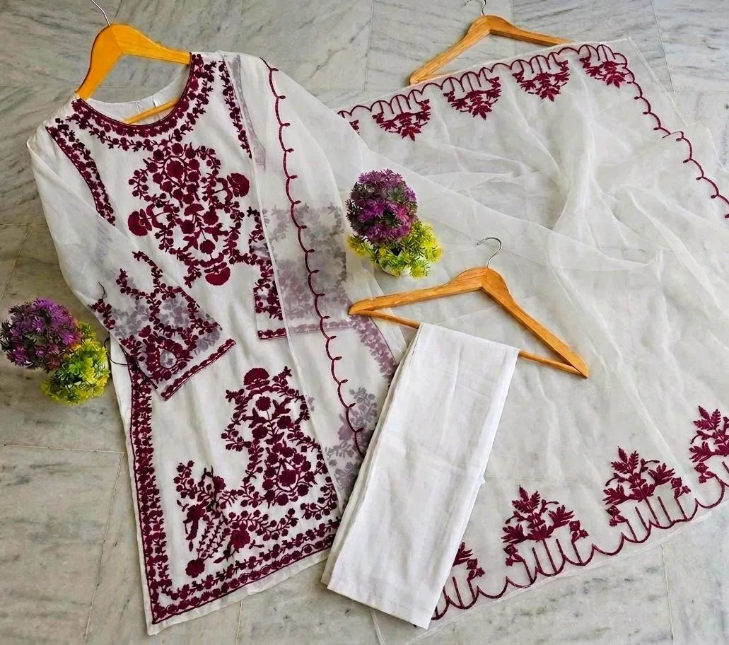 3 Pcs Women's Stitched Organza Embroidered Suit