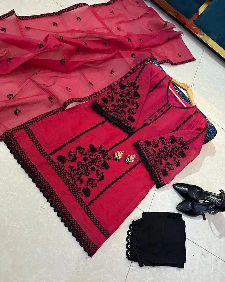 Pink Embroidered 3-Piece Suit for Women with Lace Trouser & Dupatta