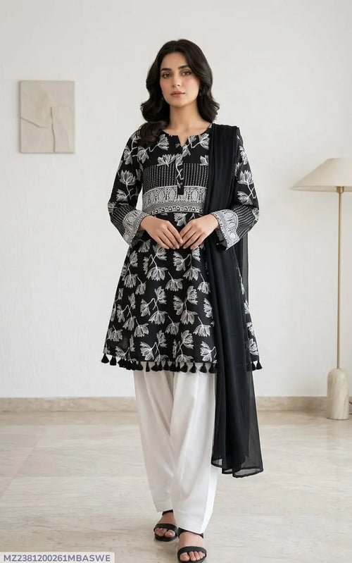 3Pcs Women's Stitched Lawn Digital Print Suit with Lace work short Frock and Shalwar