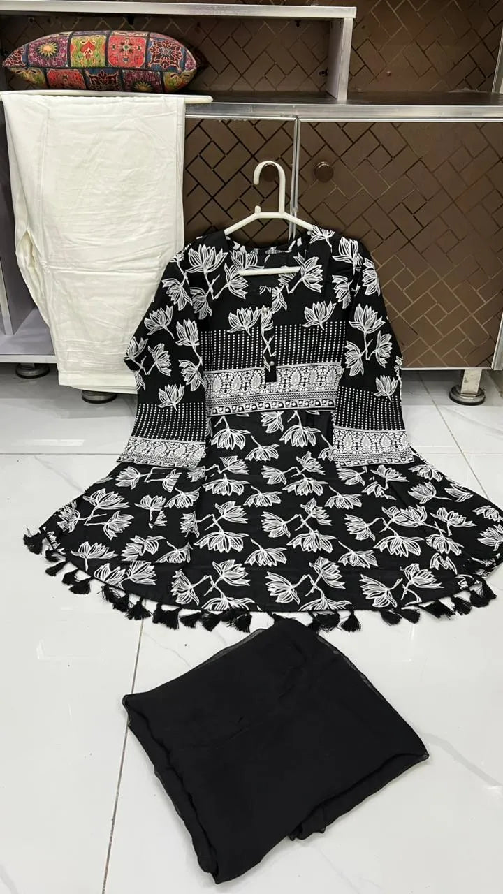 3Pcs Women's Stitched Lawn Digital Print Suit with Lace work short Frock and Shalwar