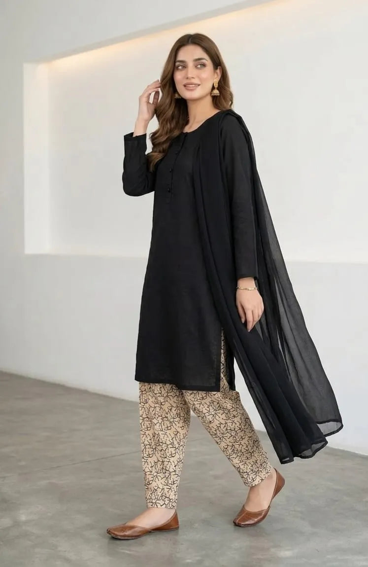 3Pcs Women's Stitched Arabic Lawn Block Printed Suit