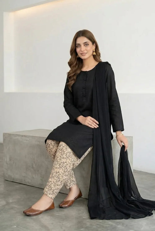 3Pcs Women's Stitched Arabic Lawn Block Printed Suit