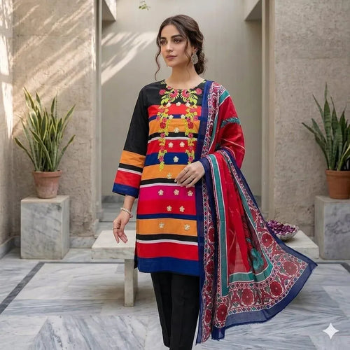 3 Pcs Women's Stitched Lawn Printed Suit