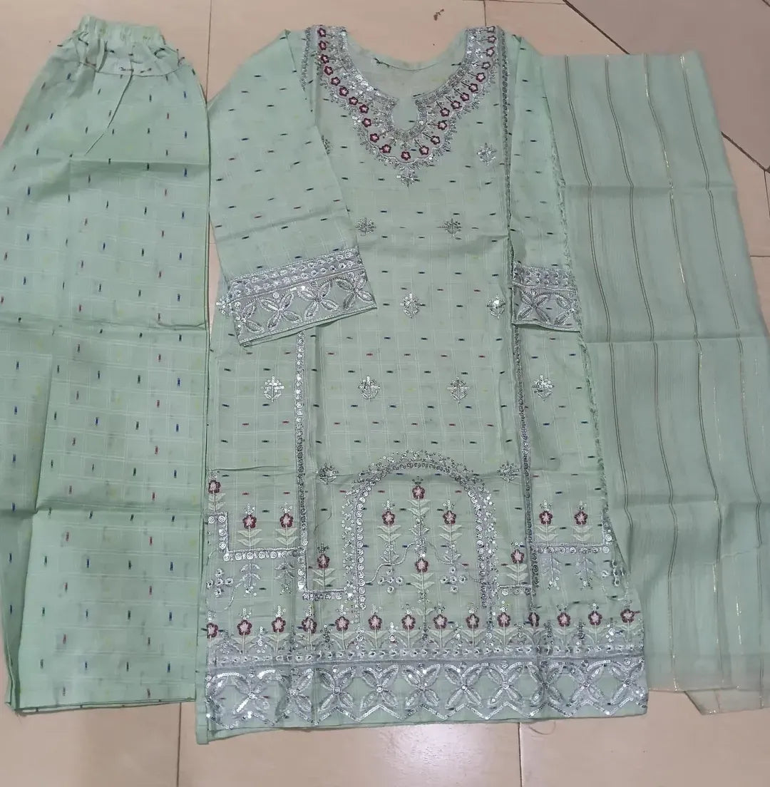 Women Cotton Lawn Embroidered 3 Pcs Suit Mint Green