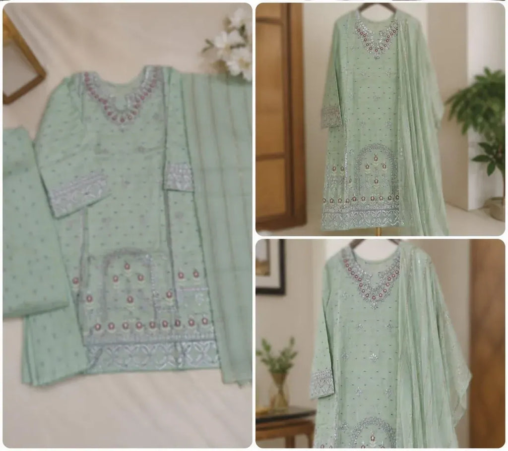 Women Cotton Lawn Embroidered 3 Pcs Suit Mint Green