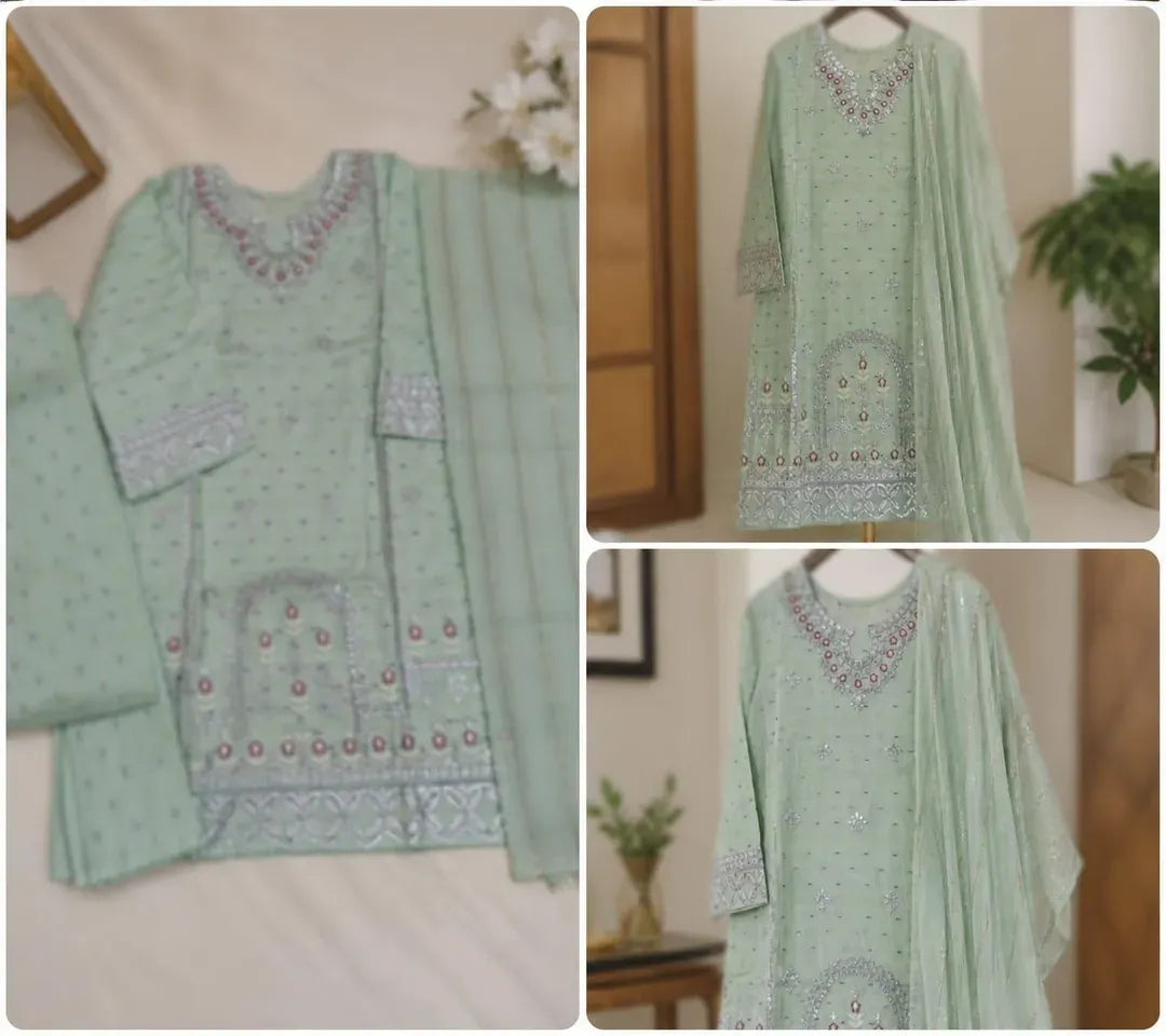 Women Cotton Lawn Embroidered 3 Pcs Suit Mint Green