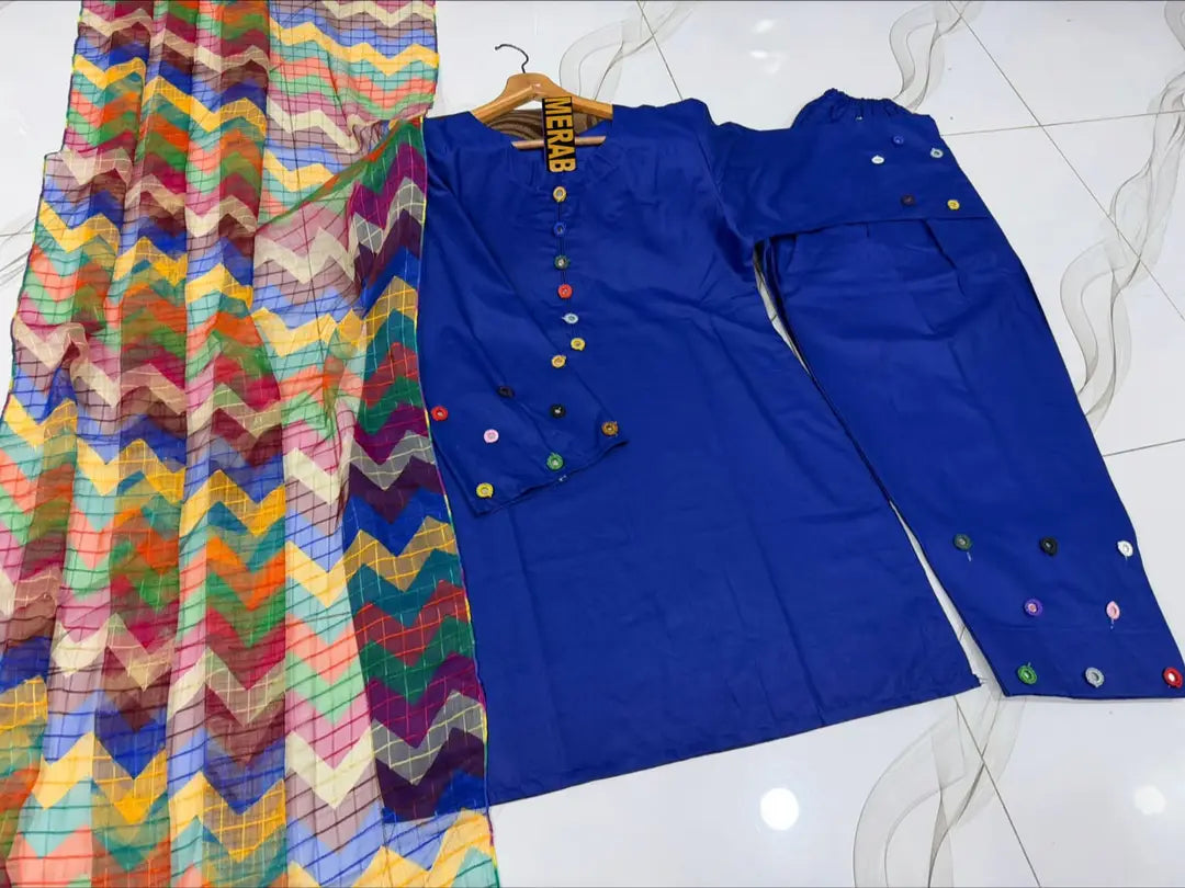 3 Pcs Women's Stitched Cotton Sheesha Work Suit Multi Mirror Attached On Neckline, Sleeves And Farshi Shalwar Bottom With ZigZag Multi Printed Dupatta