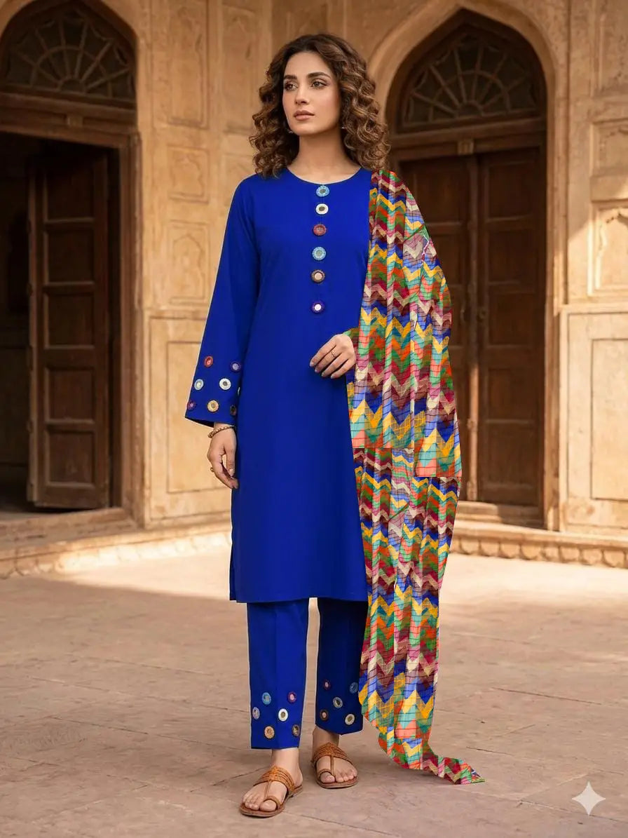 3 Pcs Women's Stitched Cotton Sheesha Work Suit Multi Mirror Attached On Neckline, Sleeves And Farshi Shalwar Bottom With ZigZag Multi Printed Dupatta