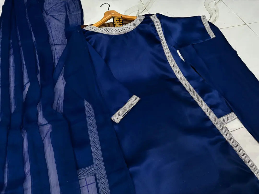 Blue Color Embroidered 3PCS Stitch Suit