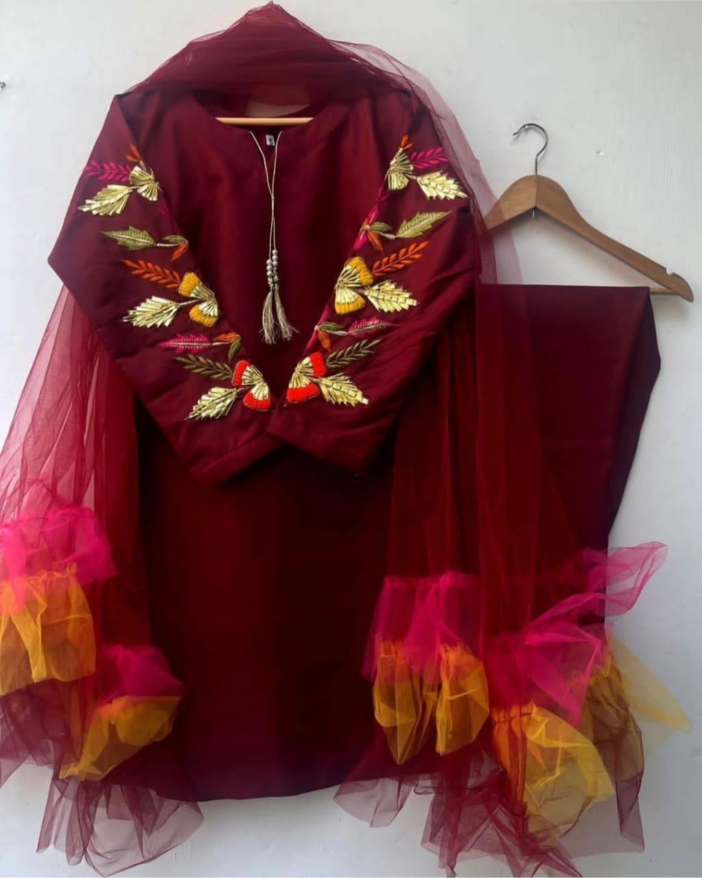 Woman Katan Silk 3 Pcs Stitch Embroidered Suit