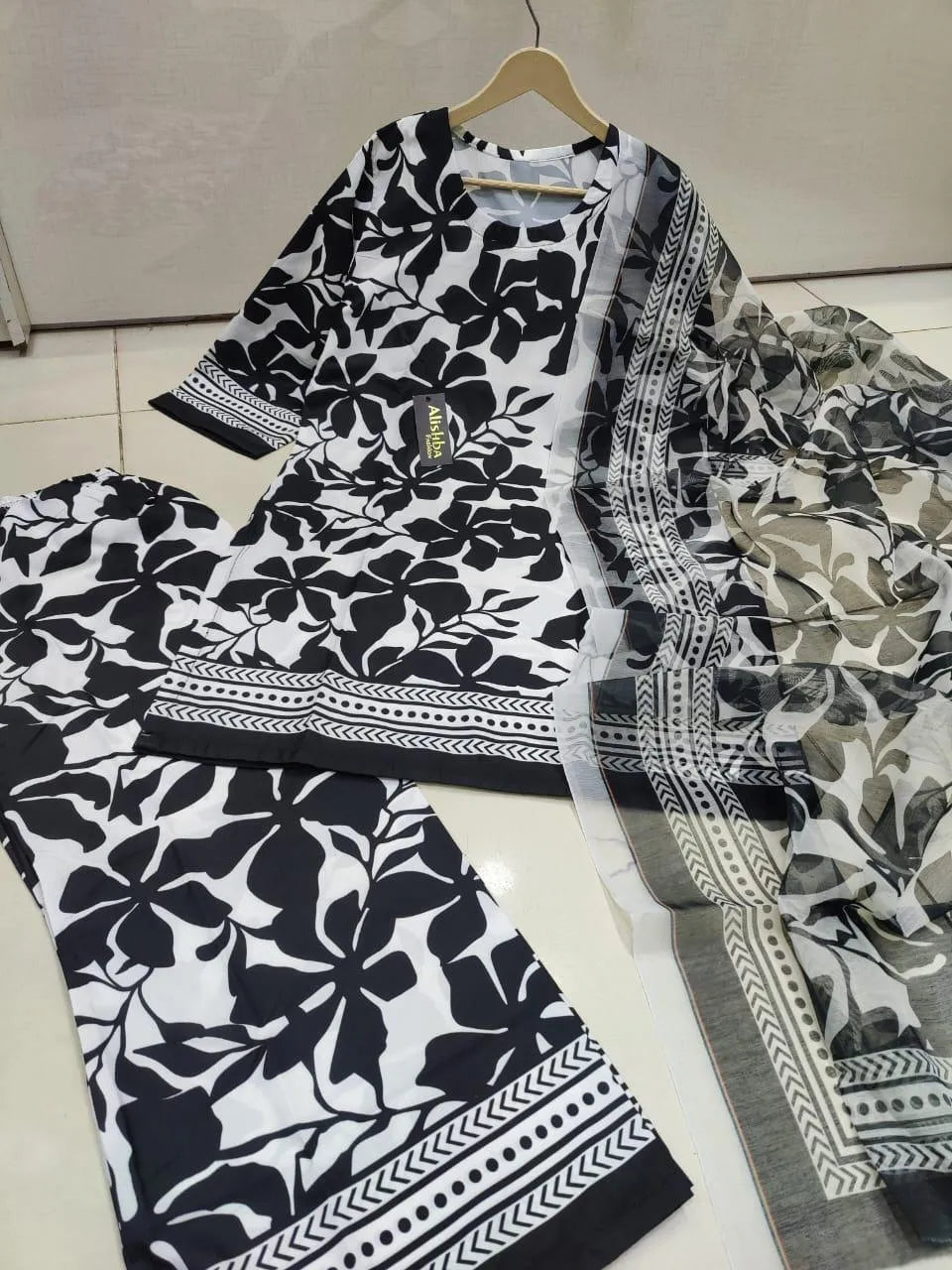 Black Printed Silk 3-Piece Suit for Women