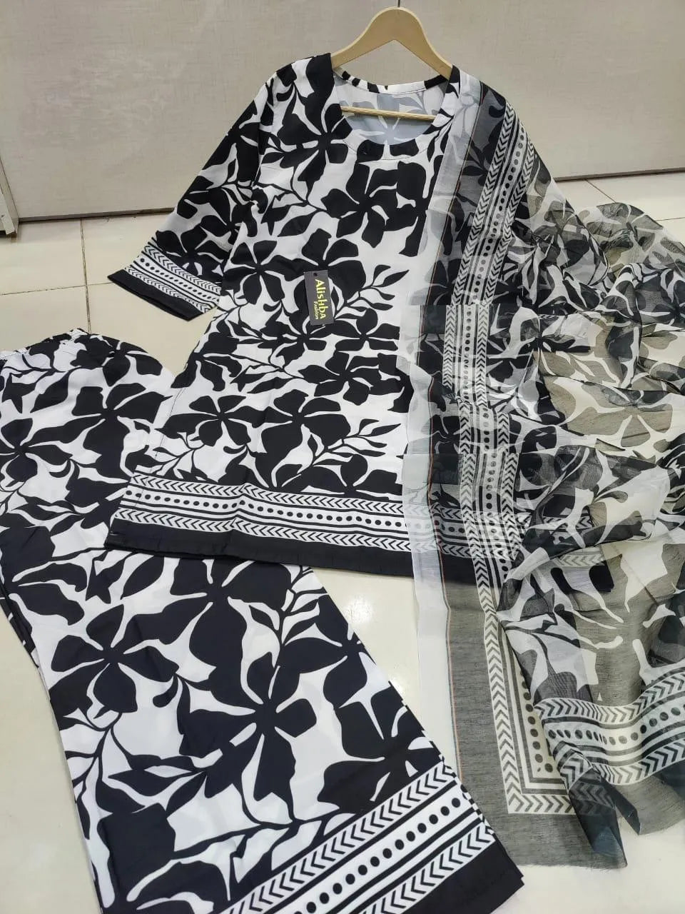 Black Printed Silk 3-Piece Suit for Women