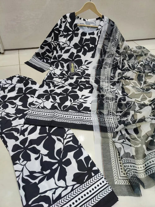 Black Printed Silk 3-Piece Suit for Women
