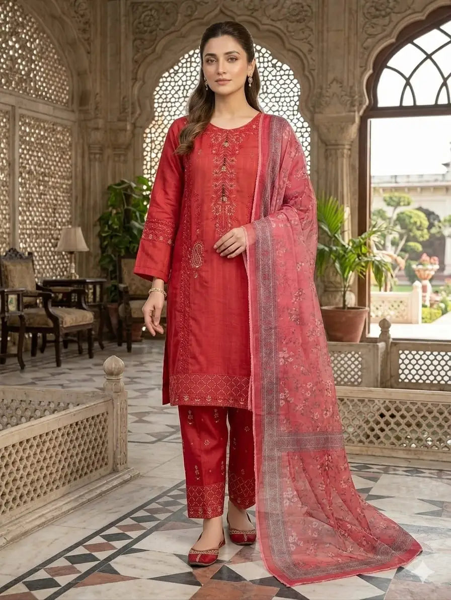 Heavy Fully Embroidered 3 Piece PV Cotton Suit for Women - Thread & Patch Work | Ready to Wear Pakistani Dress with Monar Dupatta