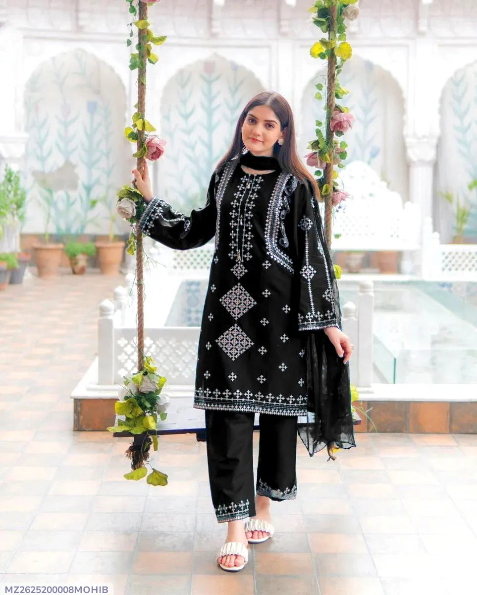 3 Pcs Women's Stitched Cotton Embroidered Suit