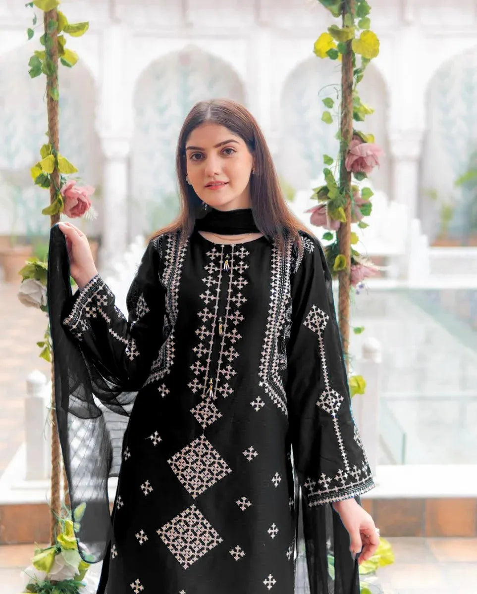 3 Pcs Women's Stitched Cotton Embroidered Suit