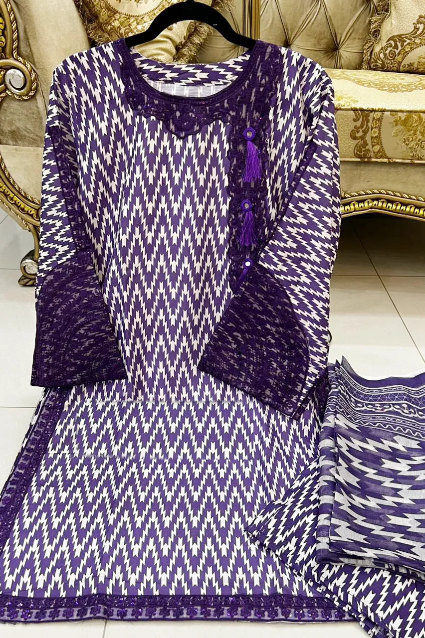 3 Pcs Women's Stitched Lawn Printed Suit