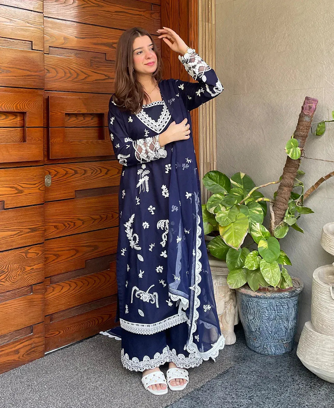 Navy Monarch - 3 Piece Lawn Cotton Embroidered Dress