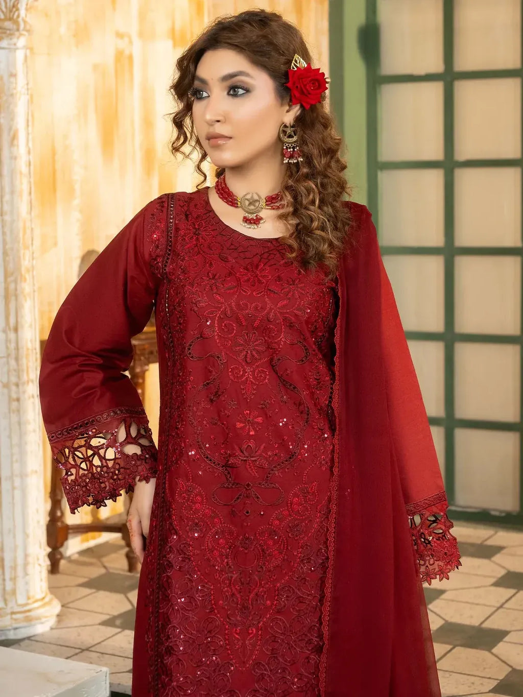 Simt - U3B Maroon Embroidered Lawn Suit for Women - 3 Pcs Set