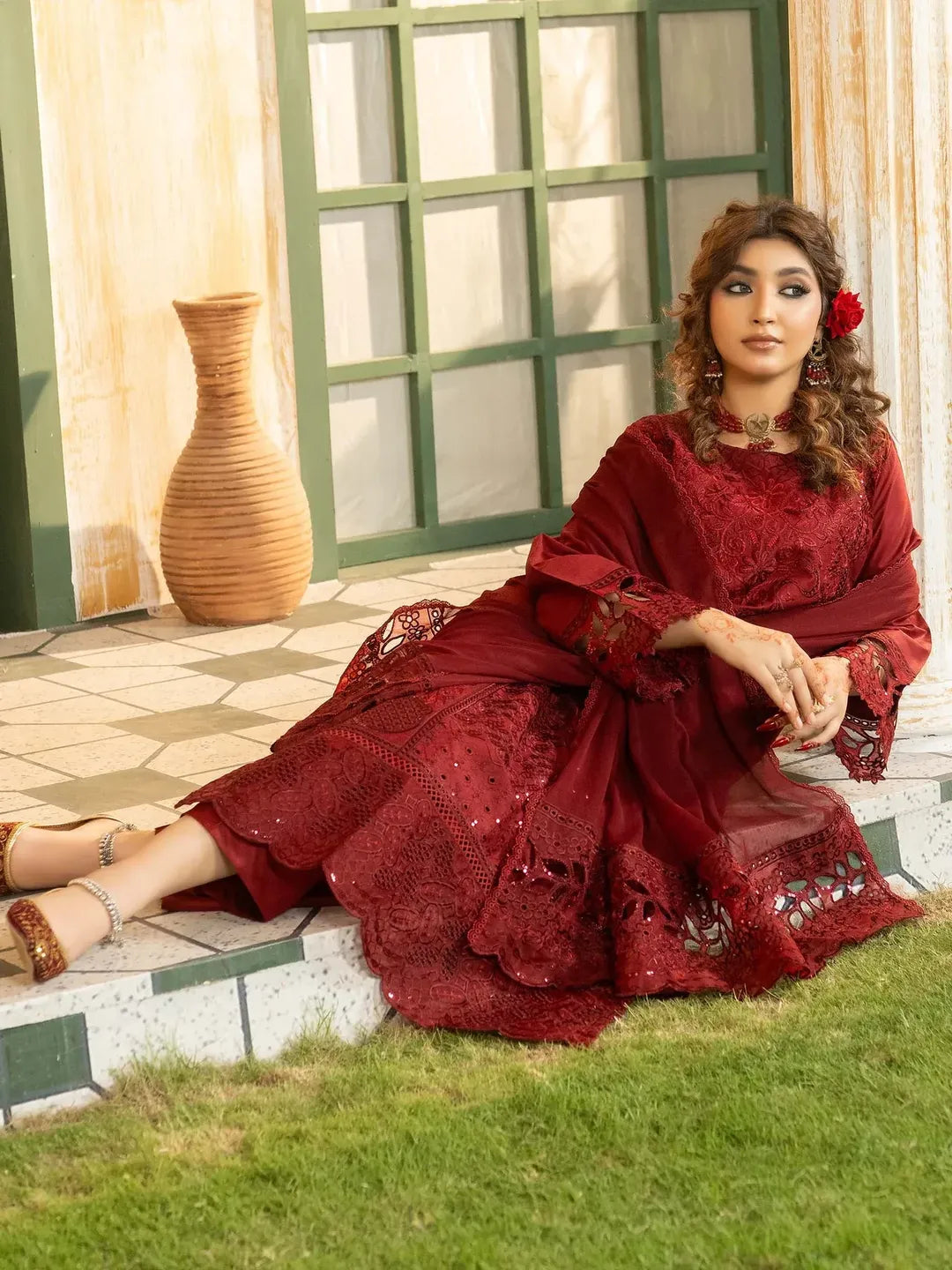 Simt - U3B Maroon Embroidered Lawn Suit for Women - 3 Pcs Set