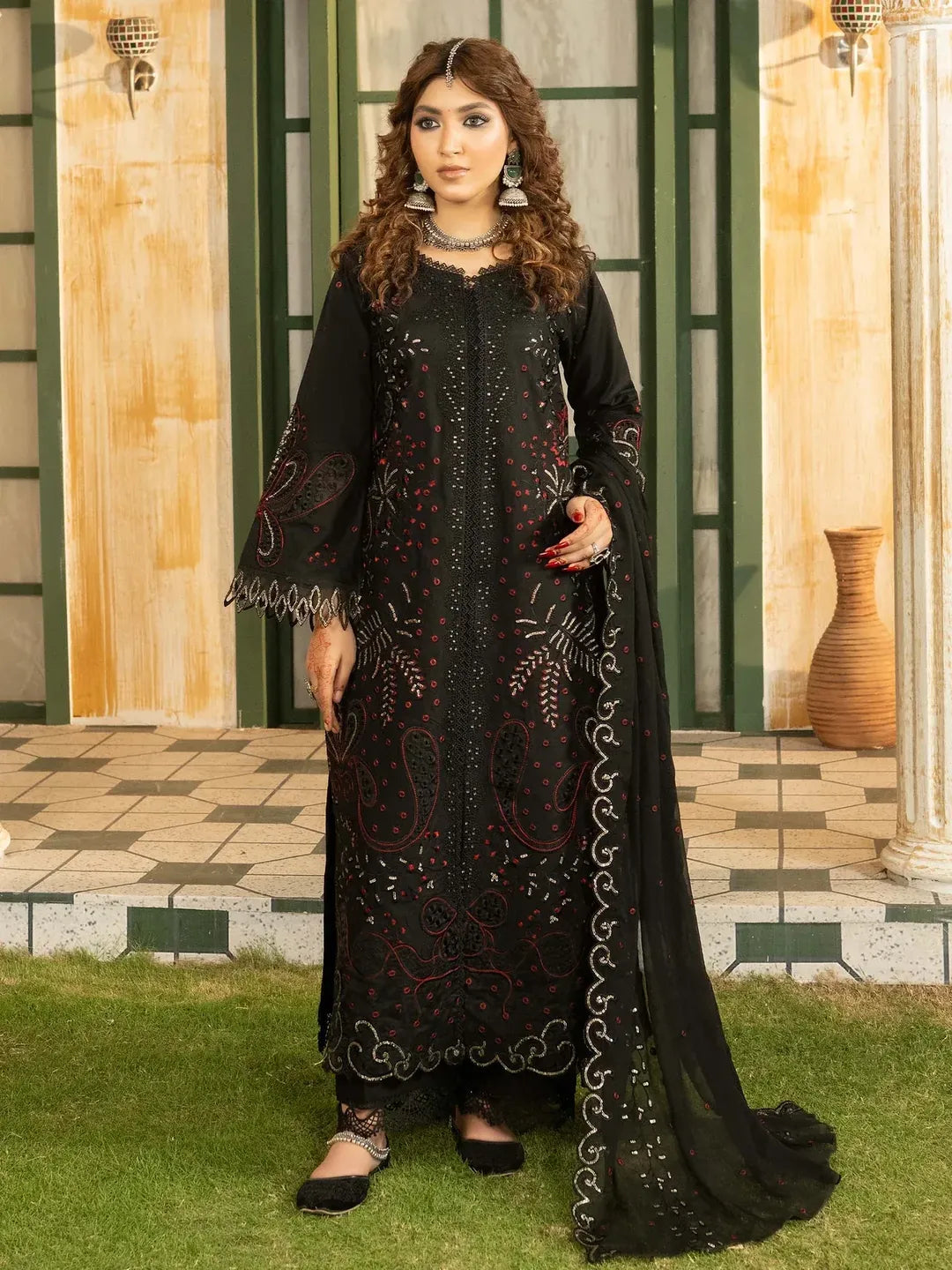 Lehran - U4B Women's Stitched Embroidered Lawn Suit - 3 Pcs In Black