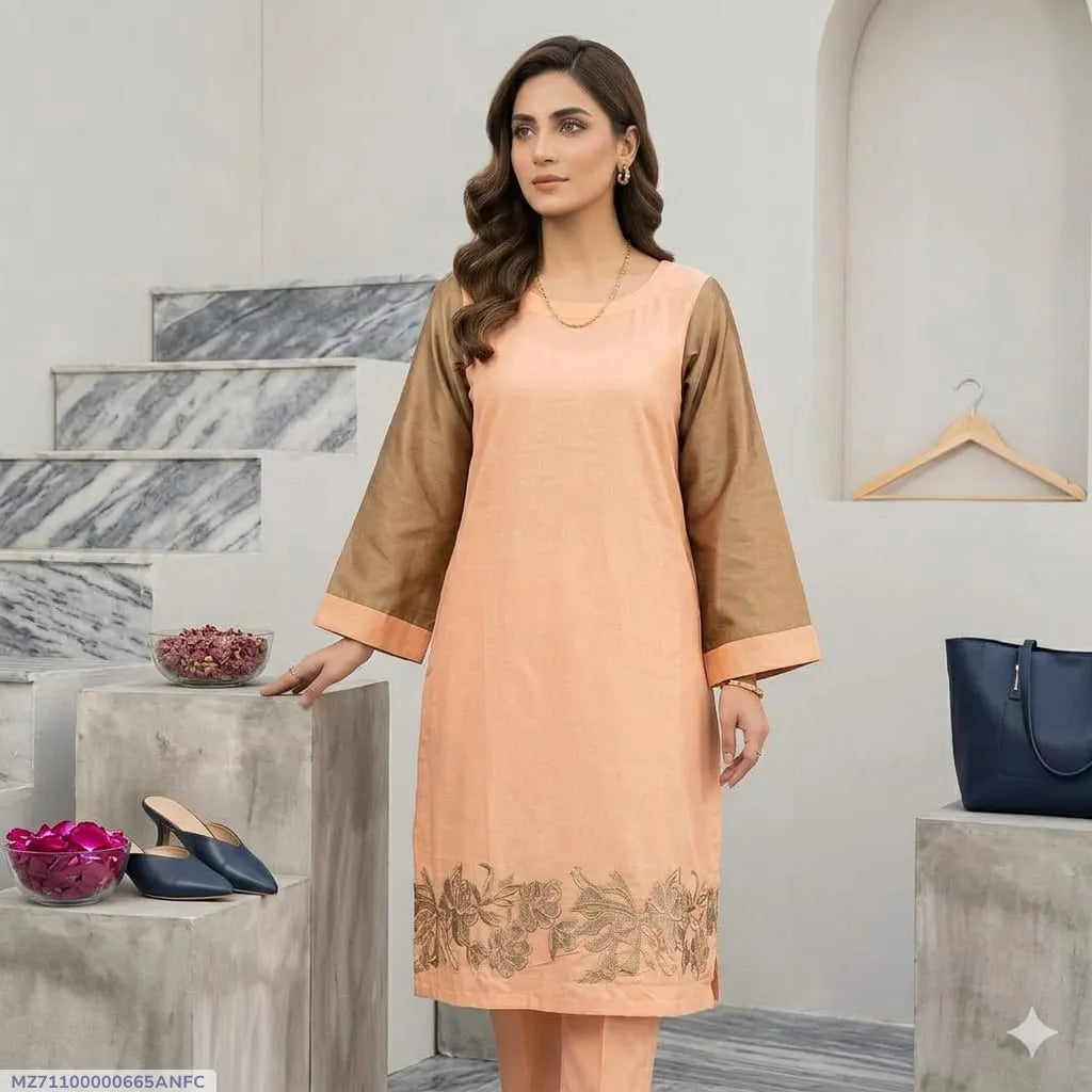 1 Pc Women's Stitched Arabic Lawn Embroidered Shirt
