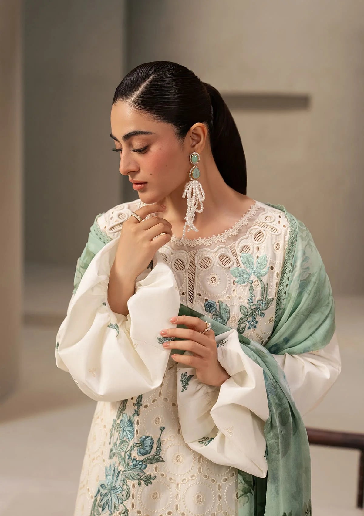 Elaf Premium E-Craft Chikankari Lawn Unstitched 3Pc Suit EHC-1A VANILLA