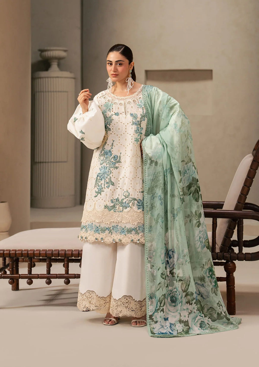 Elaf Premium E-Craft Chikankari Lawn Unstitched 3Pc Suit EHC-1A VANILLA