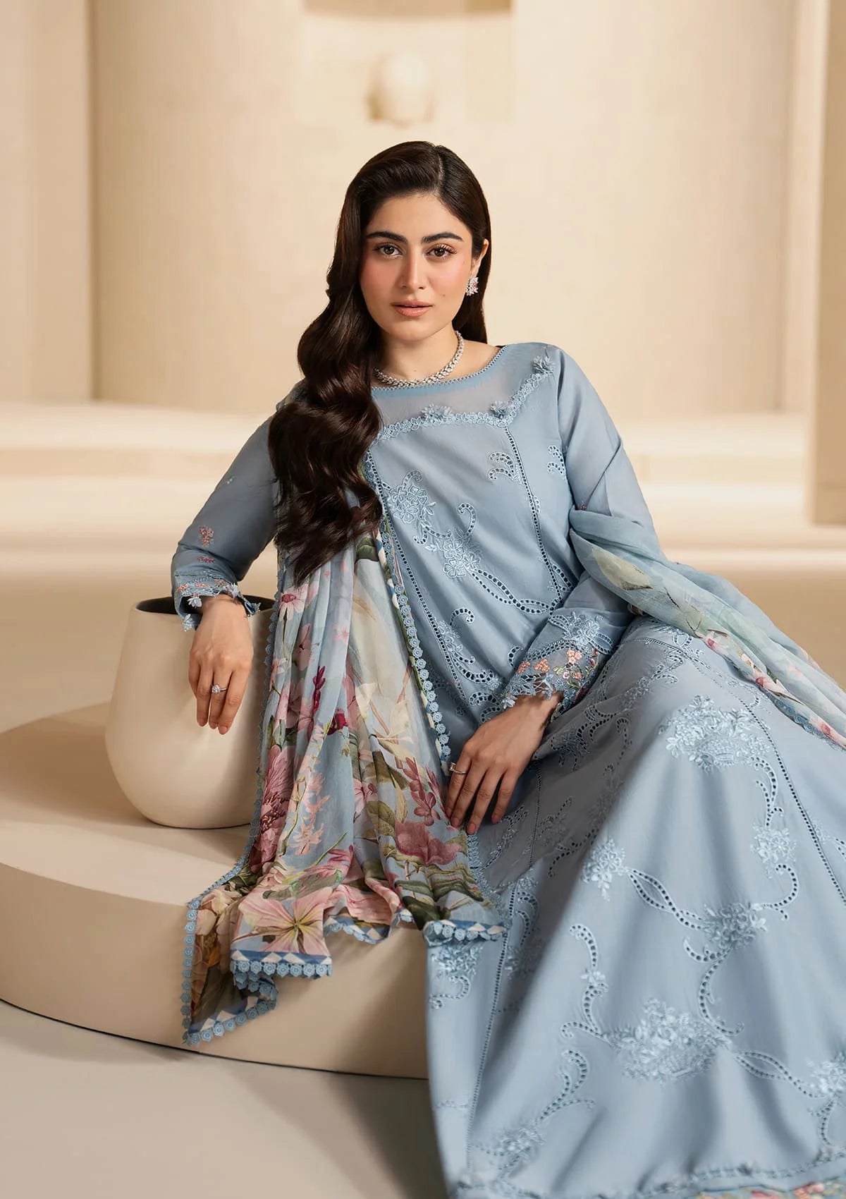 Elaf Premium E-Craft Chikankari Lawn Unstitched 3Pc Suit EHC-5B PACIFIC