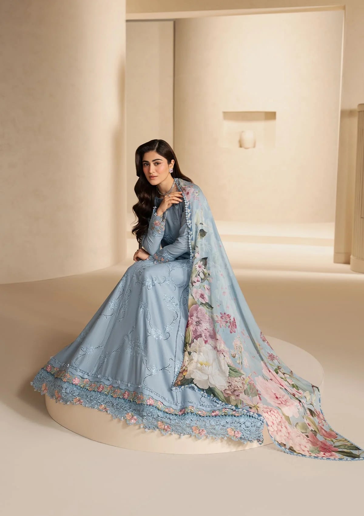 Elaf Premium E-Craft Chikankari Lawn Unstitched 3Pc Suit EHC-5B PACIFIC