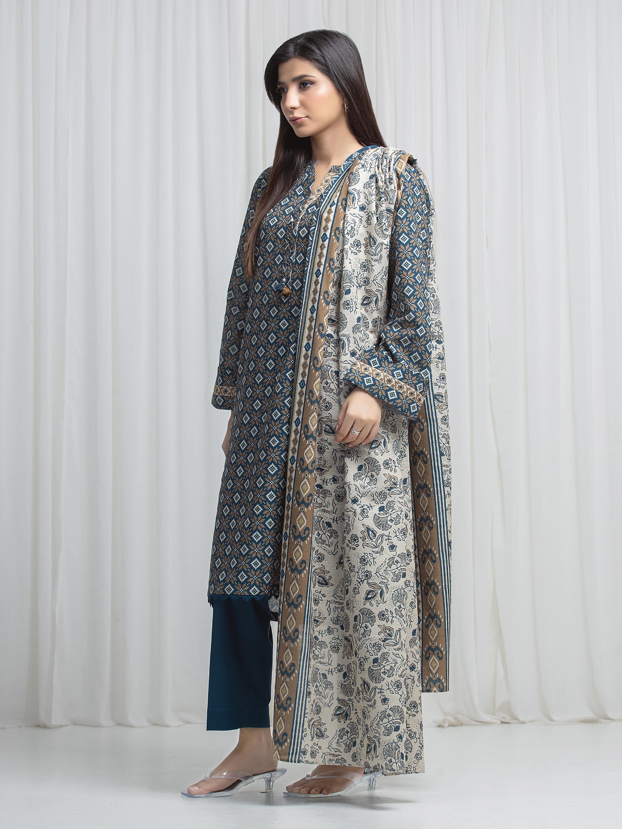 edenrobe Allure Unstitched Printed Khaddar 3Pc Suit EWU6A3-37010