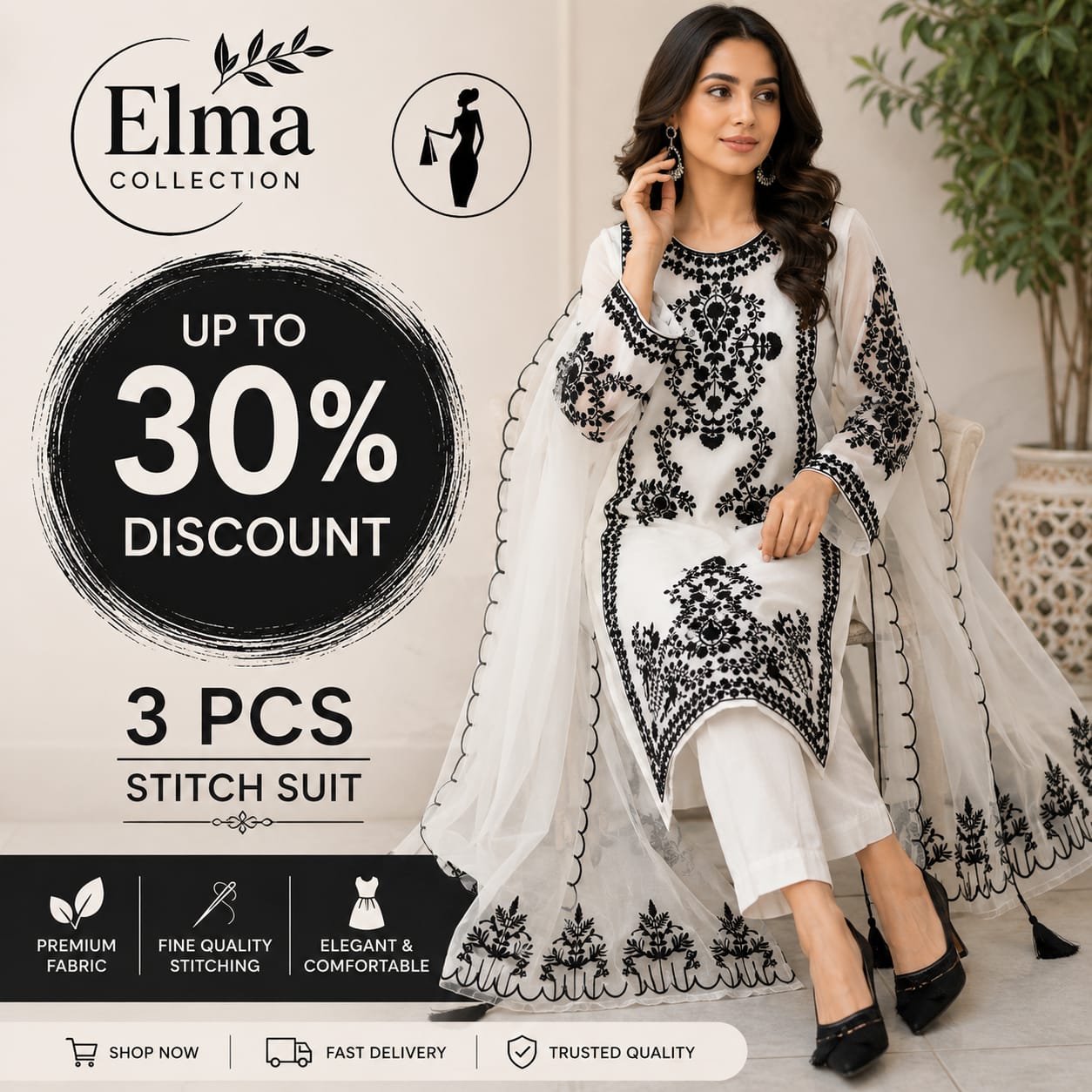 Premium Quality 3-Piece Suit for Women Organza Embroidery