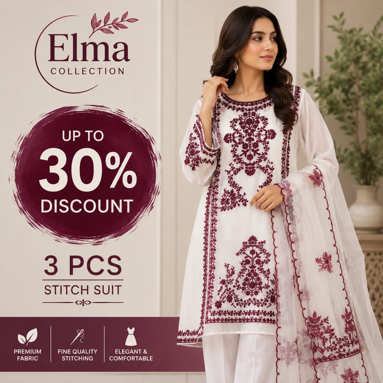 3 Pcs Women's Stitched Organza Embroidered Suit
