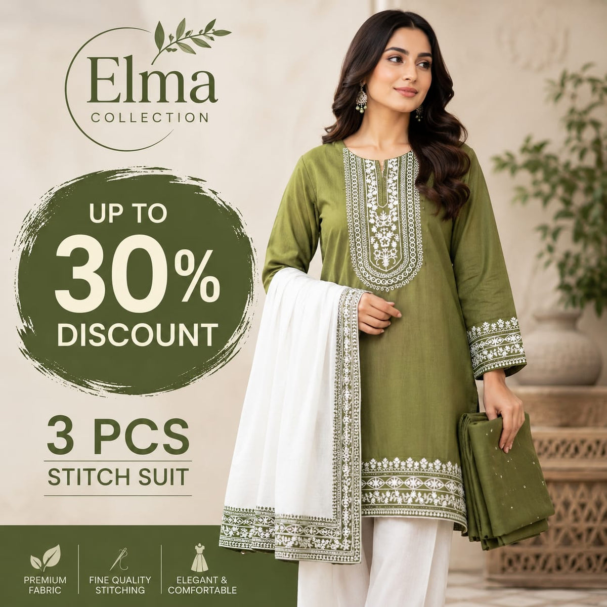 3 Pcs Women's Stitched Cotton Embroidered Suit