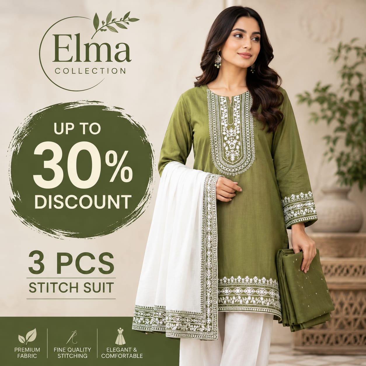 3 Pcs Women's Stitched Cotton Embroidered Suit