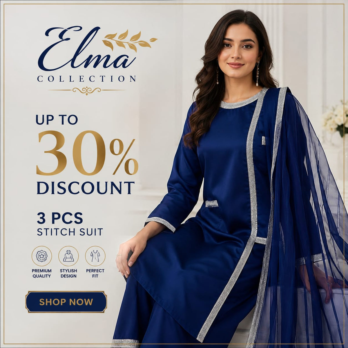 Blue Color Embroidered 3PCS Stitch Suit