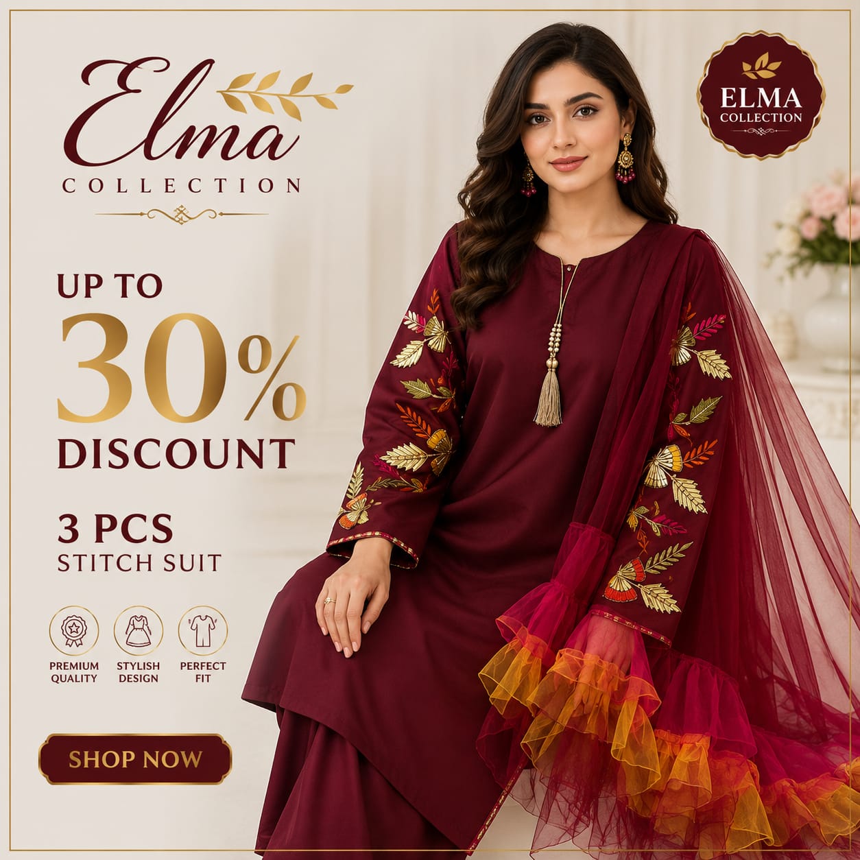 Woman Katan Silk 3 Pcs Stitch Embroidered Suit