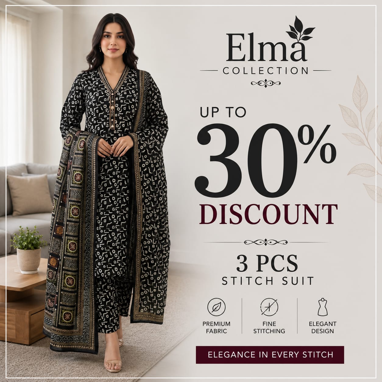 3 Pcs Stitch Embroidered Suit