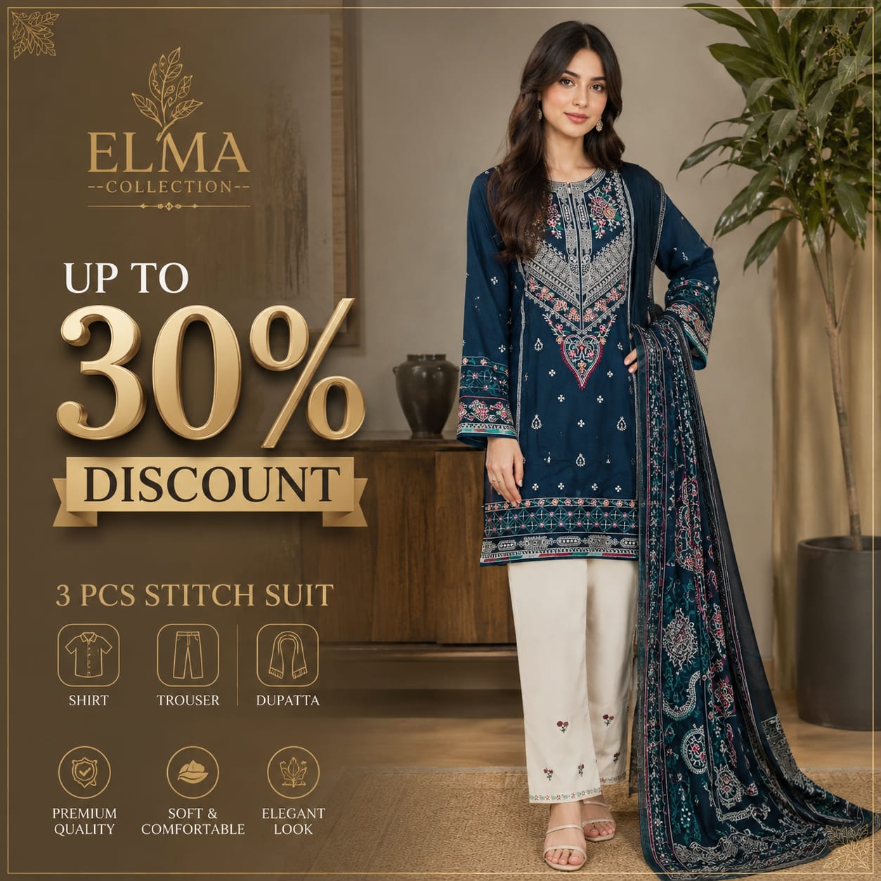 3 Pcs Women's Stitched Cotton Lawn Embroidered Suit
