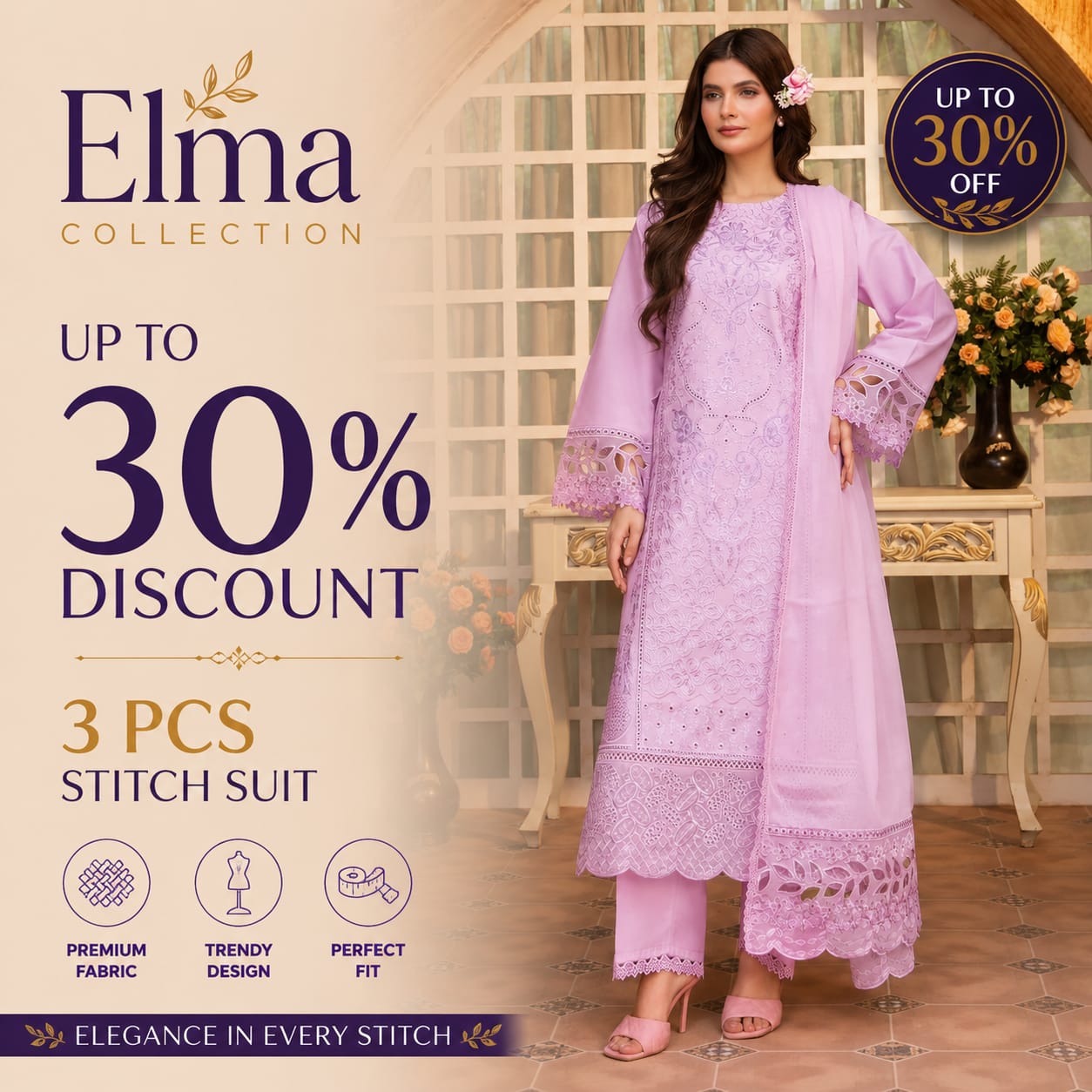 Simt - U3A Stylish Lilac Embroidered Women's Stitched Suit - 3 Pcs Set