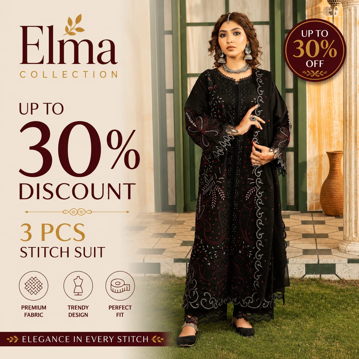 Lehran - U4B Women's Stitched Embroidered Lawn Suit - 3 Pcs In Black